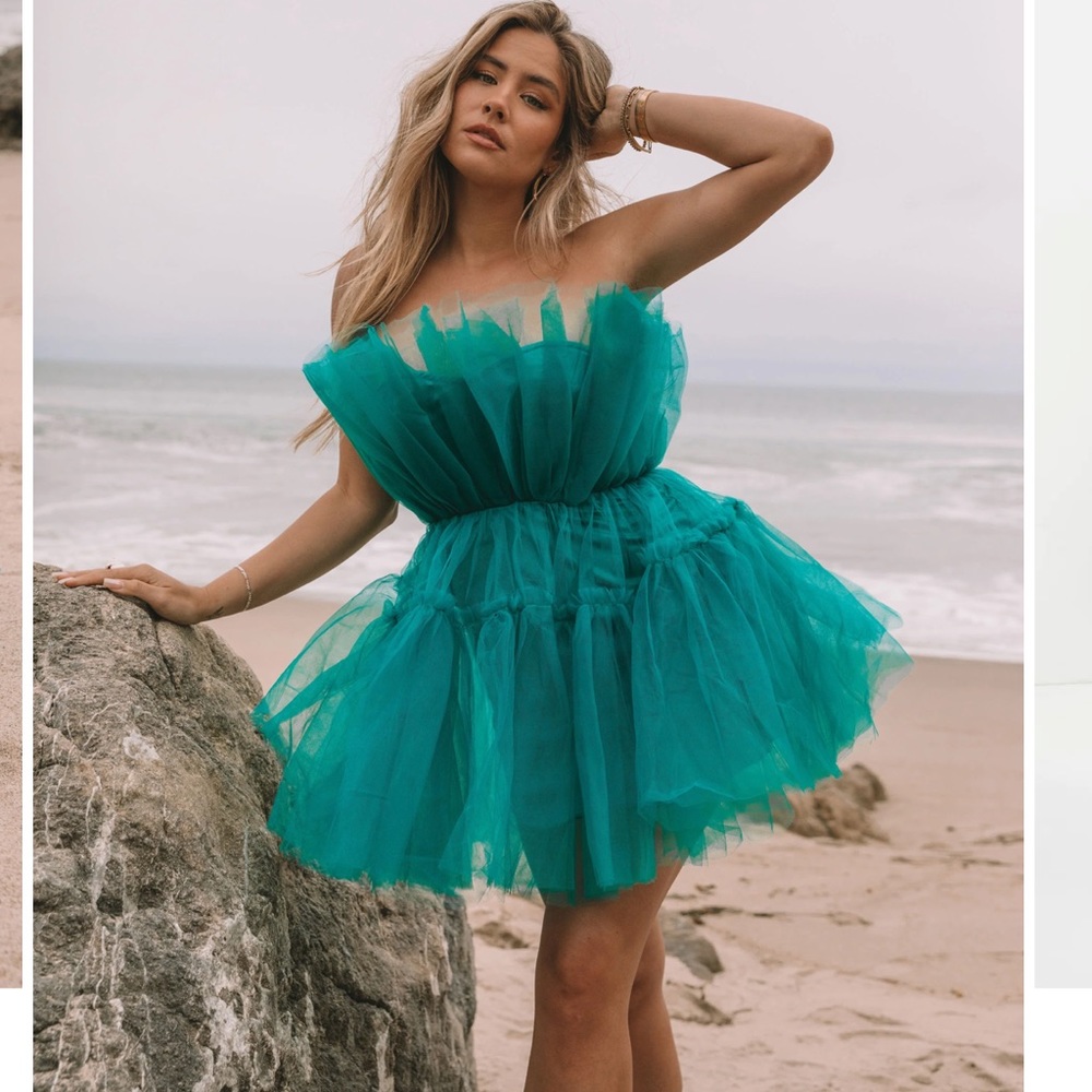 Strapless Tulle Mini Dress- Turquoise